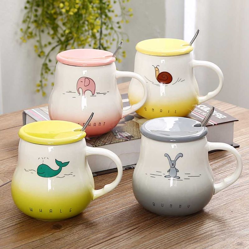 Tegneserie Pot Bellied Mugs Gradient Farge Med Deksel Scoop Nydelig Keramisk Dyrekrus 401-500ml