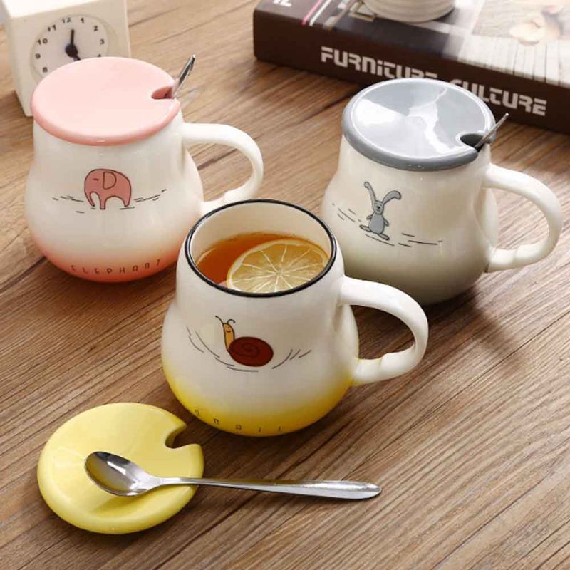 Tegneserie Pot Bellied Mugs Gradient Farge Med Deksel Scoop Nydelig Keramisk Dyrekrus 401-500ml