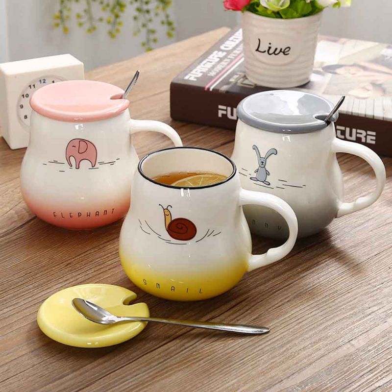 Tegneserie Pot Bellied Mugs Gradient Farge Med Deksel Scoop Nydelig Keramisk Dyrekrus 401-500ml