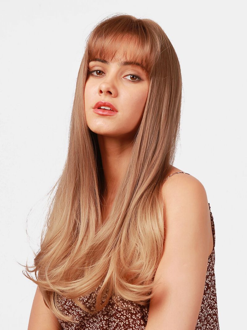 22 Tommer Gyldenbrun Langt Krøllete Hår Air Bangs Full Head Cover Wig Prom Daily Wig