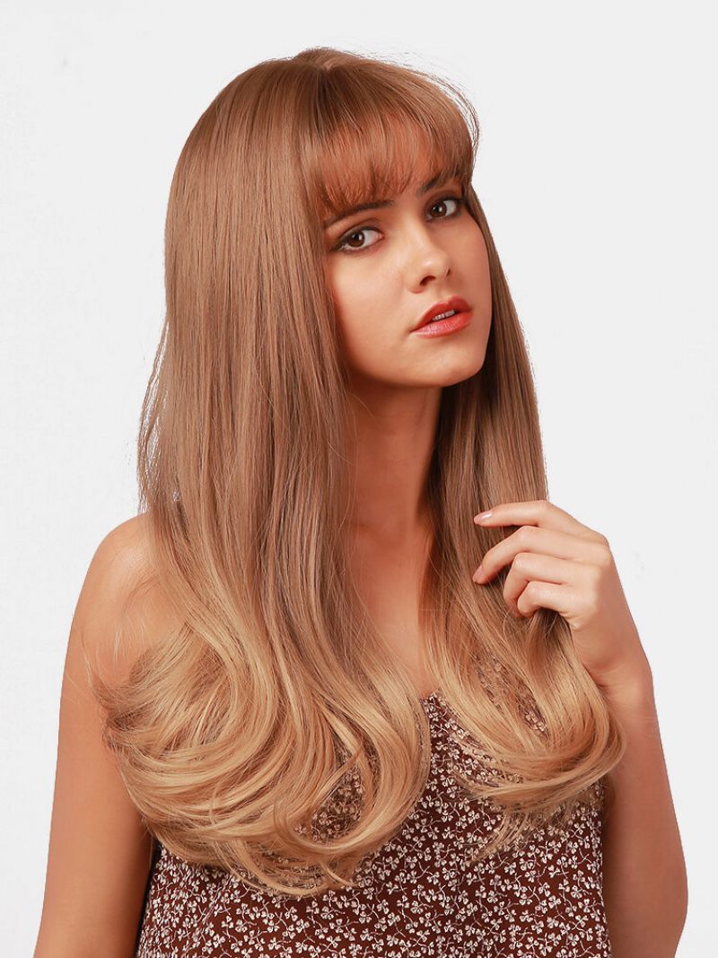 22 Tommer Gyldenbrun Langt Krøllete Hår Air Bangs Full Head Cover Wig Prom Daily Wig