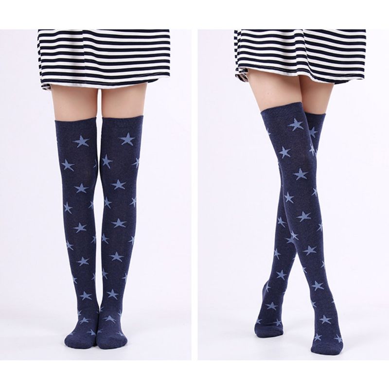 Sesong College Style Joker Colorblock Denim Long Leg Sokker Kammet Cotton Stars Lange Kvinner