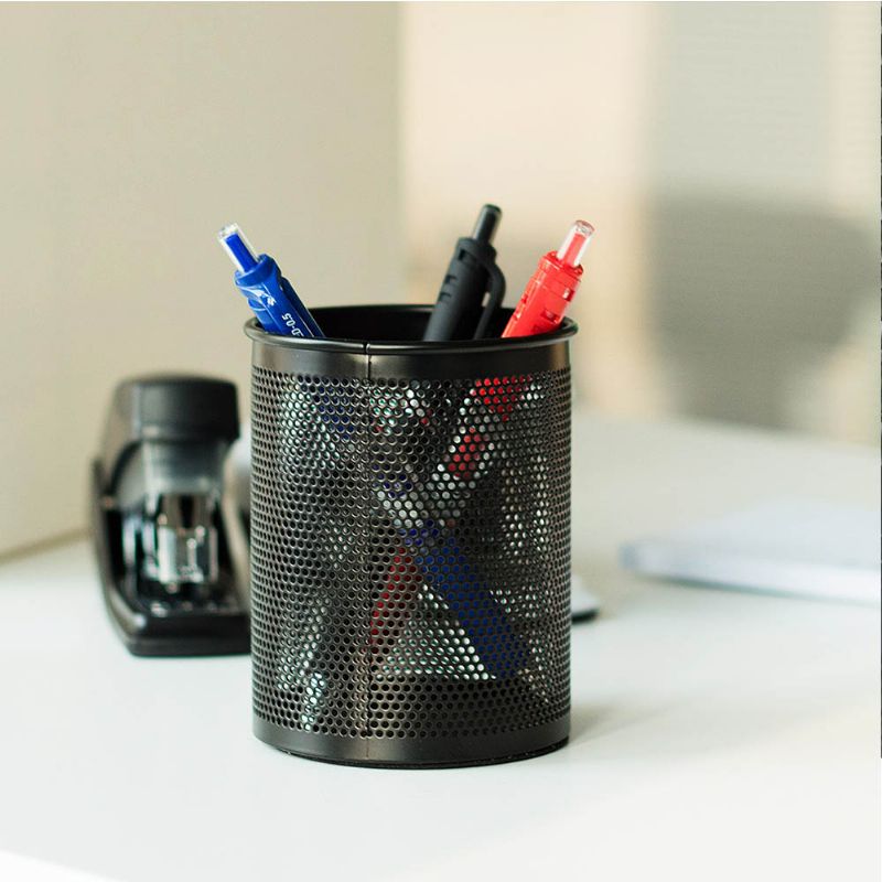 Creative Desk Desktop Bord Pen Organizer Svart Rund Tett Metal Netting Blyantholder Kontor Skolerekvisita Pen Oppbevaringsboks