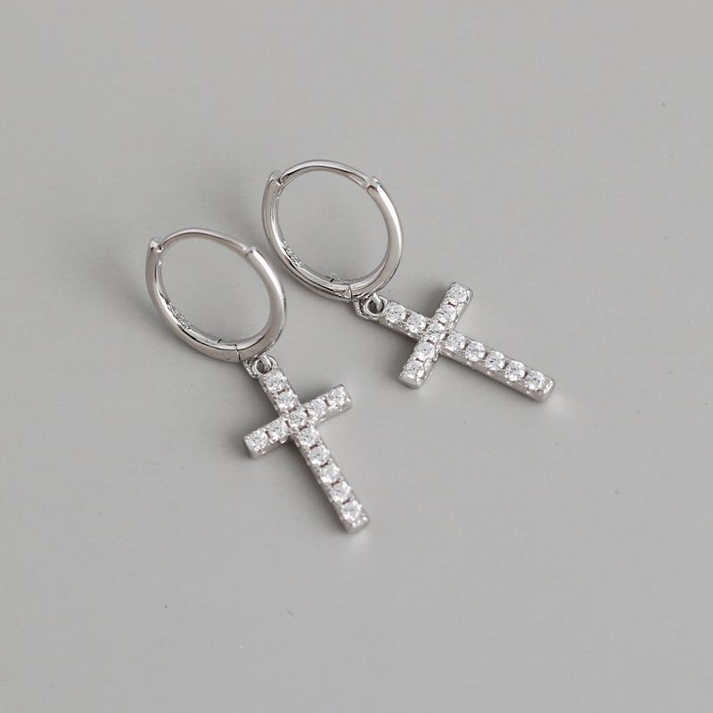 925 Sterling Silver Cross Dingle Øredobber Med Zirconia