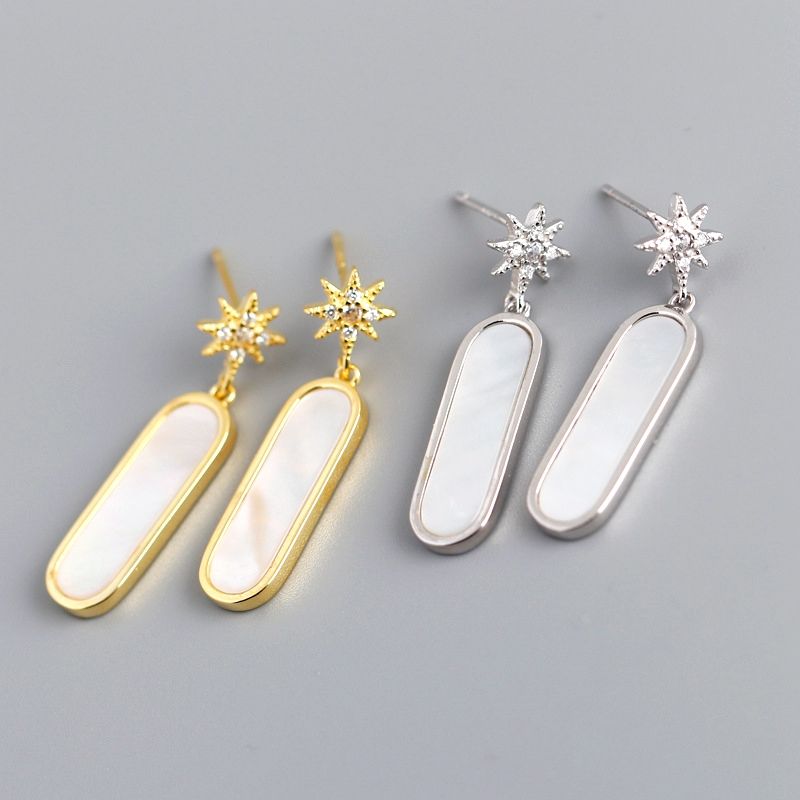 925 Sterling Sølv Seashell Stone North Star Dangle Øredobber Studs Med Zirconia