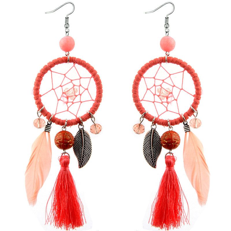 Bohemian Geometrisk Dreamcatcher Anheng Lange Øredobber Metal Feather Dusk Turkise