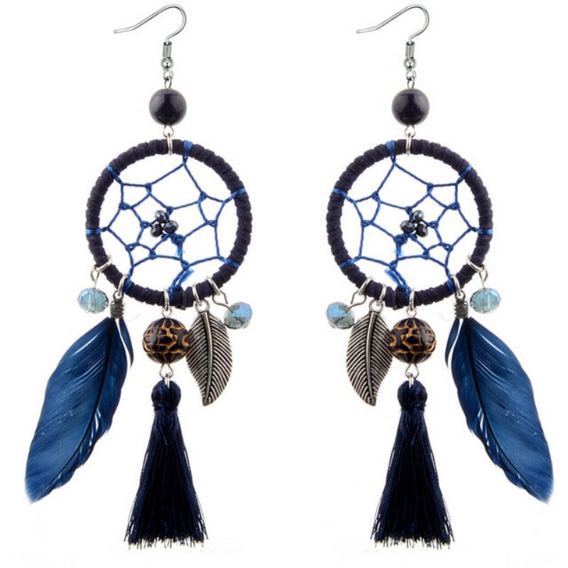 Bohemian Geometrisk Dreamcatcher Anheng Lange Øredobber Metal Feather Dusk Turkise