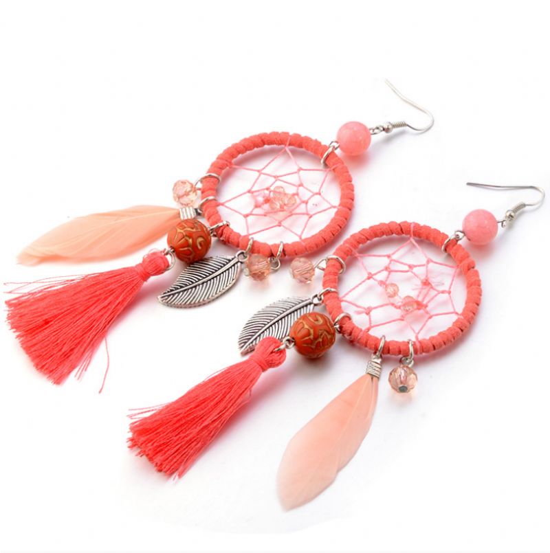 Bohemian Geometrisk Dreamcatcher Anheng Lange Øredobber Metal Feather Dusk Turkise