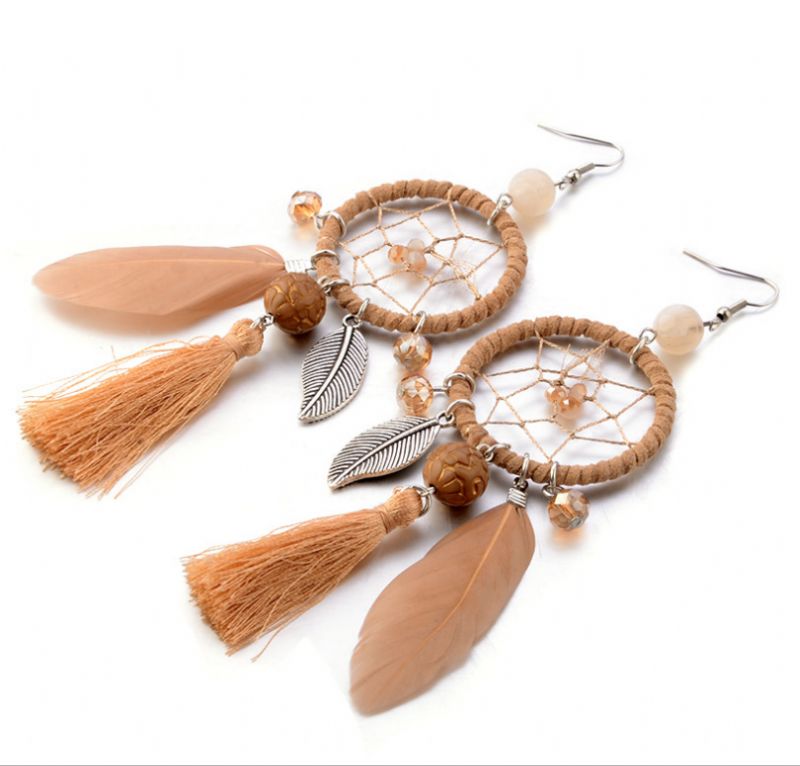 Bohemian Geometrisk Dreamcatcher Anheng Lange Øredobber Metal Feather Dusk Turkise