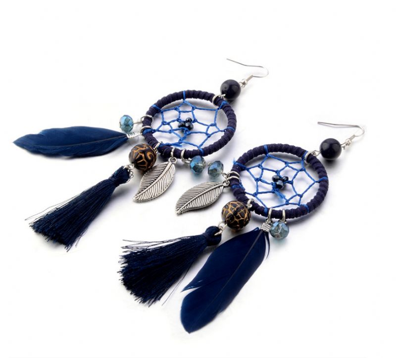 Bohemian Geometrisk Dreamcatcher Anheng Lange Øredobber Metal Feather Dusk Turkise