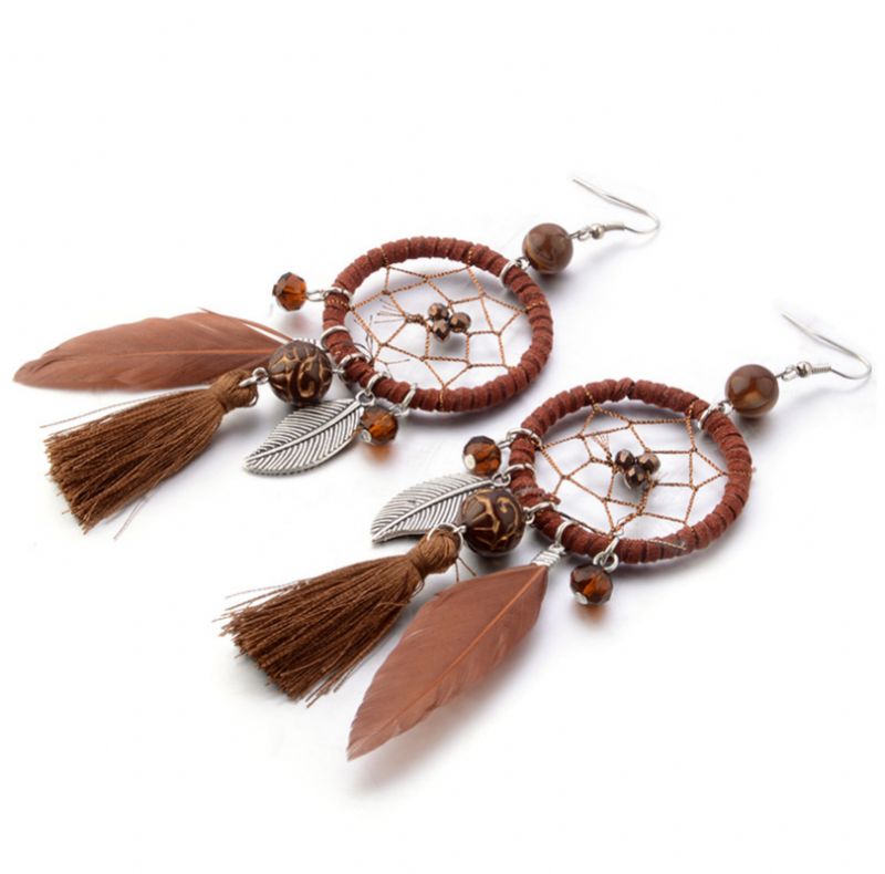 Bohemian Geometrisk Dreamcatcher Anheng Lange Øredobber Metal Feather Dusk Turkise