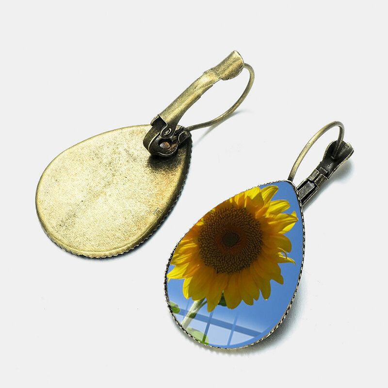 Bohemian Sun Flower Print Øredobber Vanndråpe Shape Solsikke Gem Mount Ørekrok Kvinner Smykker Gaver