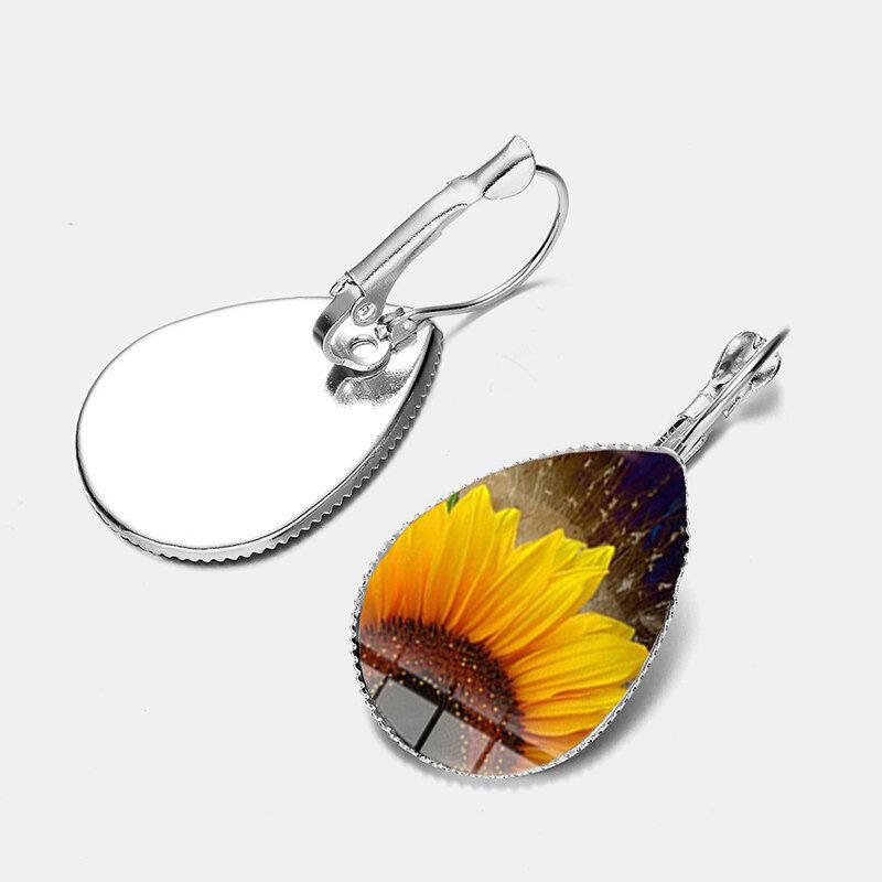 Bohemian Sun Flower Print Øredobber Vanndråpe Shape Solsikke Gem Mount Ørekrok Kvinner Smykker Gaver