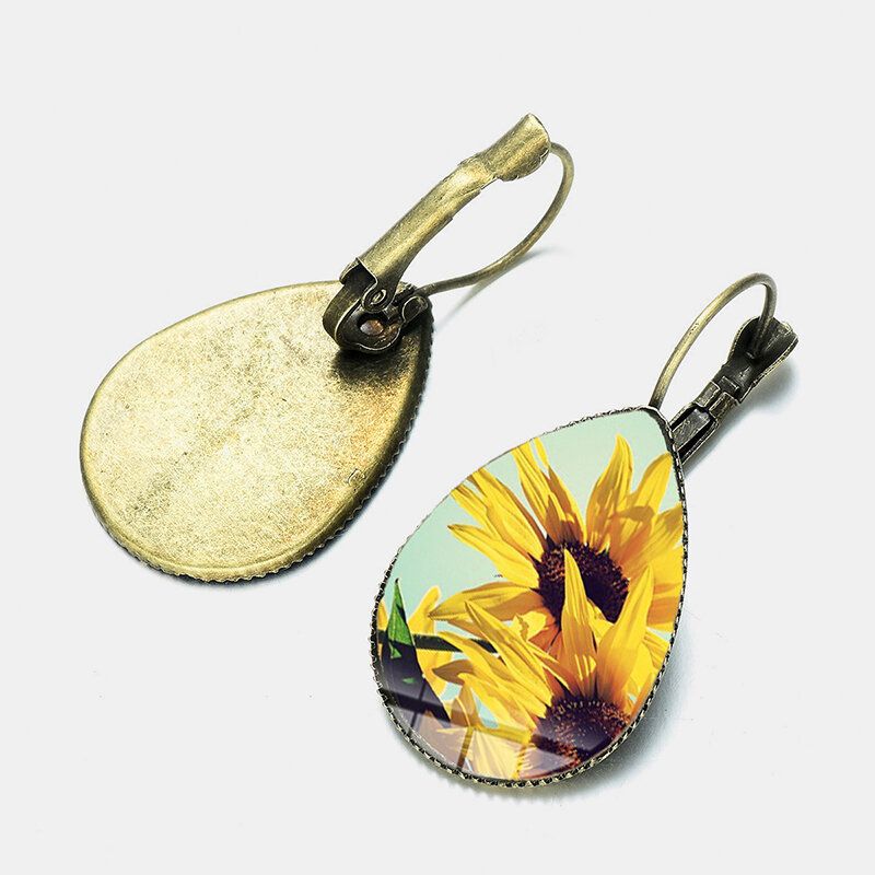 Bohemian Sun Flower Print Øredobber Vanndråpe Shape Solsikke Gem Mount Ørekrok Kvinner Smykker Gaver