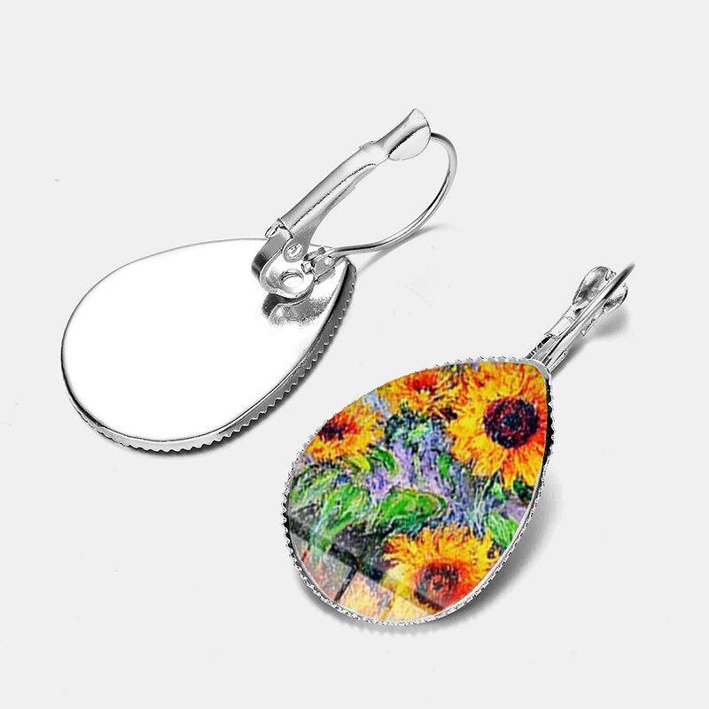 Bohemian Sun Flower Print Øredobber Vanndråpe Shape Solsikke Gem Mount Ørekrok Kvinner Smykker Gaver