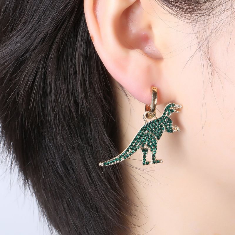 Klassiske Gullgrønne Rhinestones Dinosaur Dangle Øredobber Mote Asymmetri For Kvinner Gaver