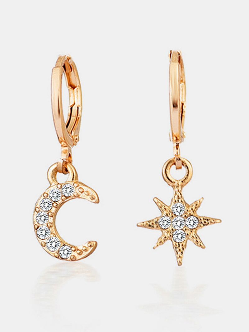 Mote Luksus Kreativ Stil Rhinestone Star & Moon Shape Asymmetrisk Legering Øredobber