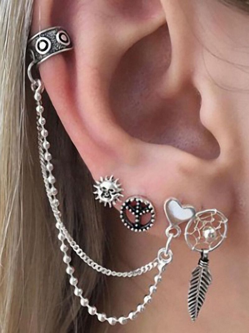 Punk Alloy Peace Symbol Sun Leaf Heart Stud Øredobber 4 Stk/sett For Kvinner