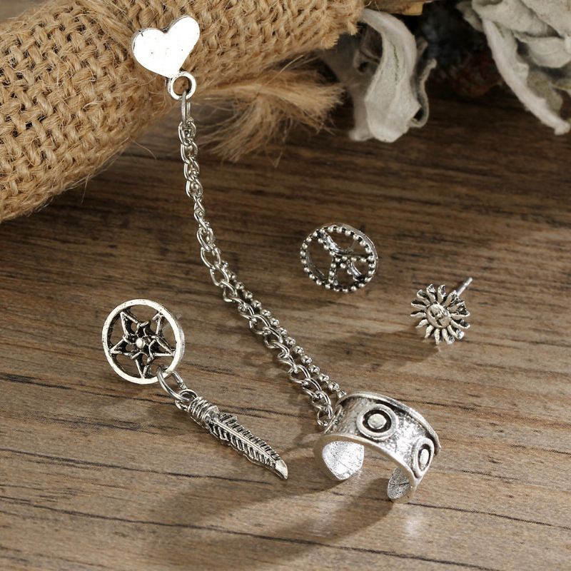 Punk Alloy Peace Symbol Sun Leaf Heart Stud Øredobber 4 Stk/sett For Kvinner