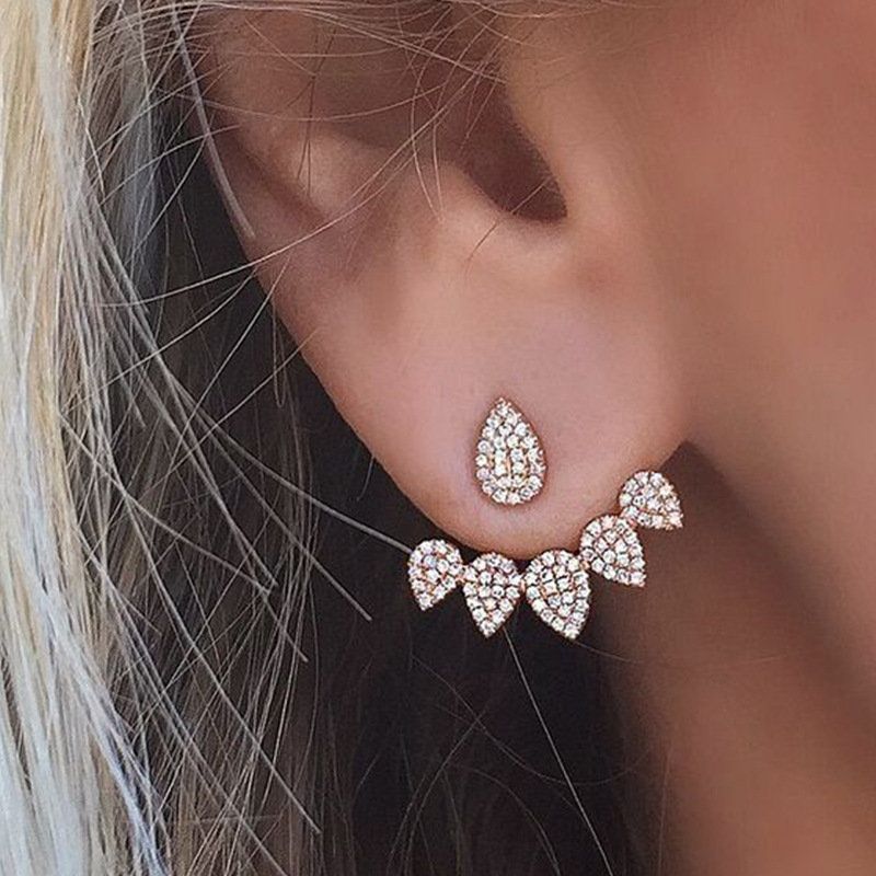 Søte Blomsterøreringer Gull Sølv Full Rhinestones Ear Stud Jakke Tilbehør Dobbeltsidig Øredobber