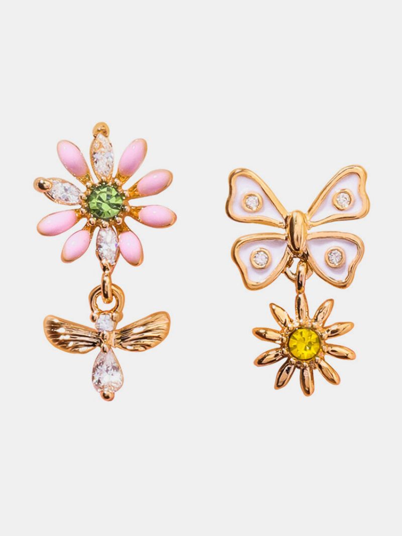 Sweet Flower Butterfly Stud Øredobber Anallergic Sterling Silver Needle Rhinestone Kvinners