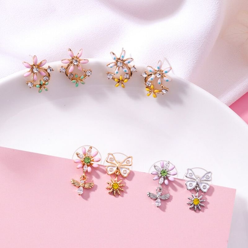 Sweet Flower Butterfly Stud Øredobber Anallergic Sterling Silver Needle Rhinestone Kvinners