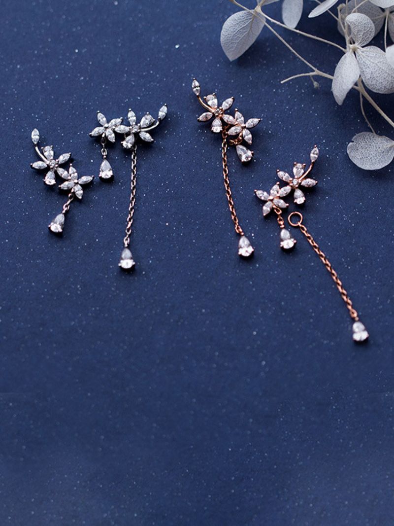 Trendy Fem-blads Blomsterform Innlagt Rhinestone Drop Dusk 925 Sterling Sølv Øredobber