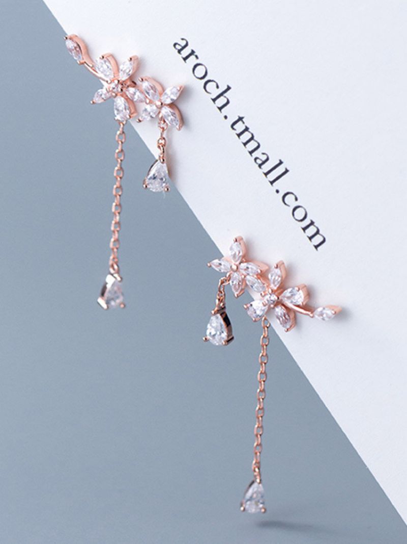 Trendy Fem-blads Blomsterform Innlagt Rhinestone Drop Dusk 925 Sterling Sølv Øredobber