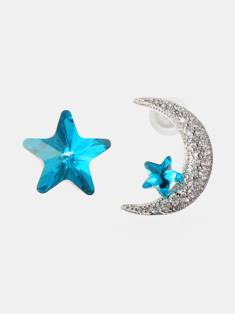 Unike Asymmetriske Øredobber Luksus Micro Paved Zirconia Crystal Star Moon Piercing