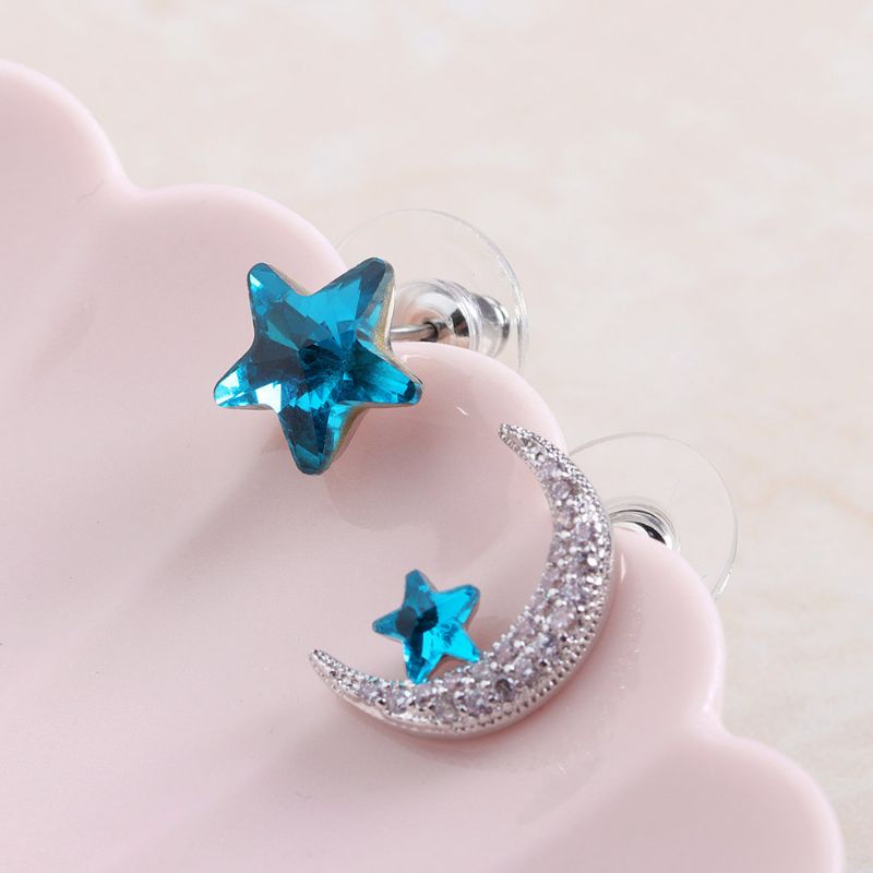 Unike Asymmetriske Øredobber Luksus Micro Paved Zirconia Crystal Star Moon Piercing