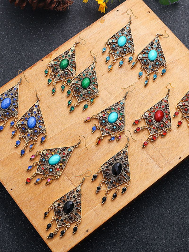 Vintage Bohemian Hule Utskåret Rhombus Innlagt Rhinestone Legering Øredobber