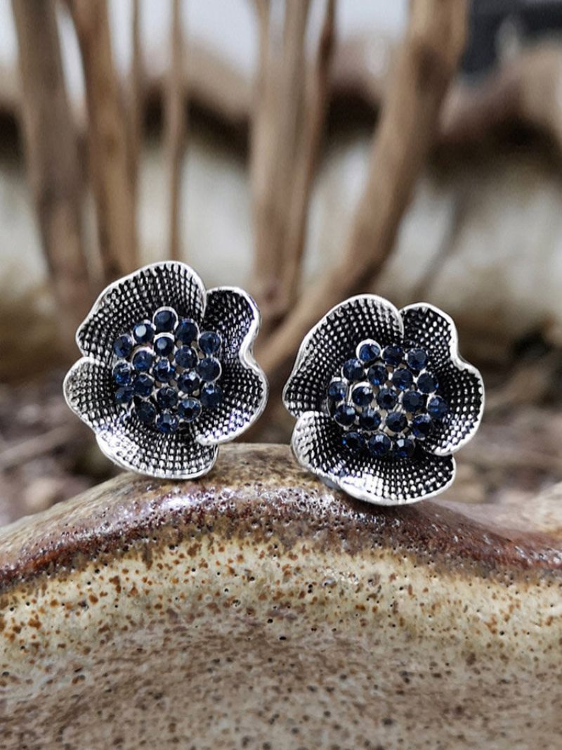 Vintage Stereoskopiske Blomster Øredobber Innlagt Diamond Large Ear Stud