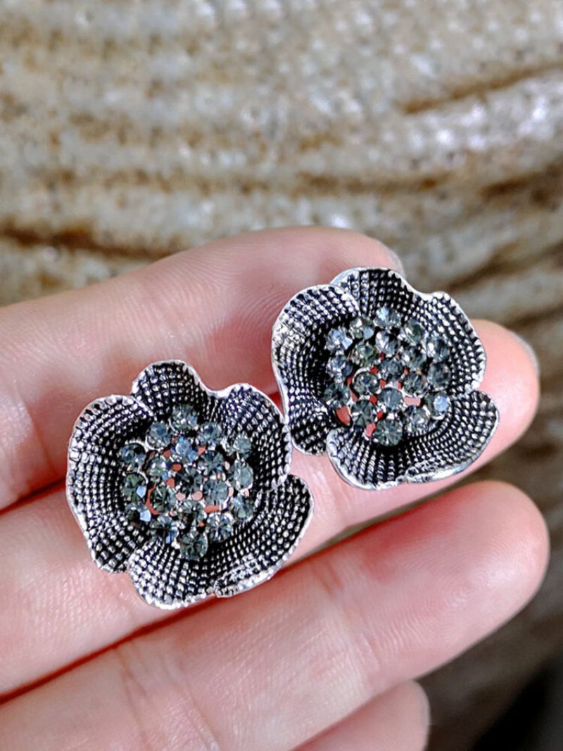 Vintage Stereoskopiske Blomster Øredobber Innlagt Diamond Large Ear Stud