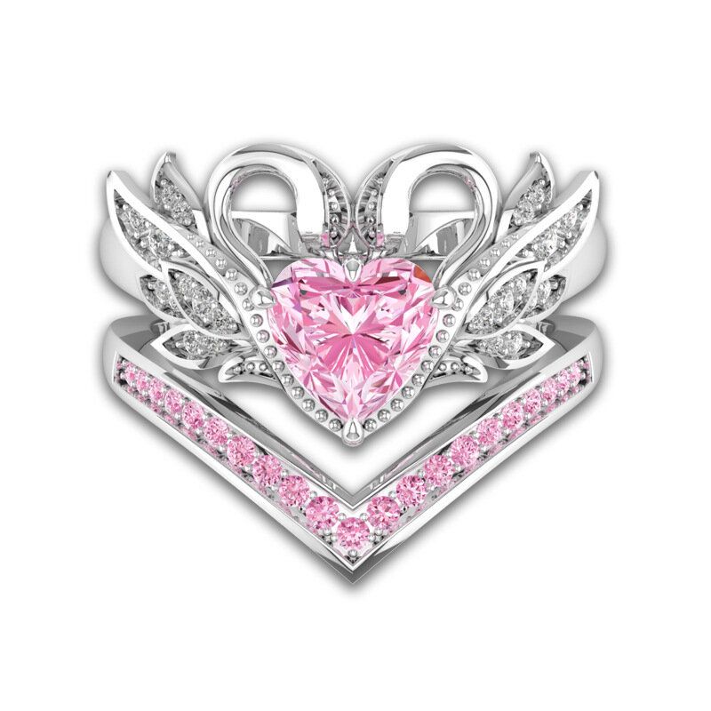 2 Stk/sett Sweet Two Swan Heart Zirconia Forlovelsesringer Unik Gave Til Kvinner Jenter