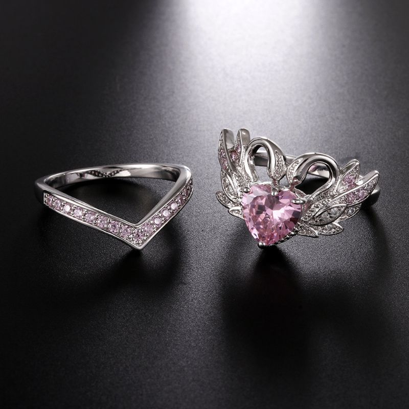 2 Stk/sett Sweet Two Swan Heart Zirconia Forlovelsesringer Unik Gave Til Kvinner Jenter