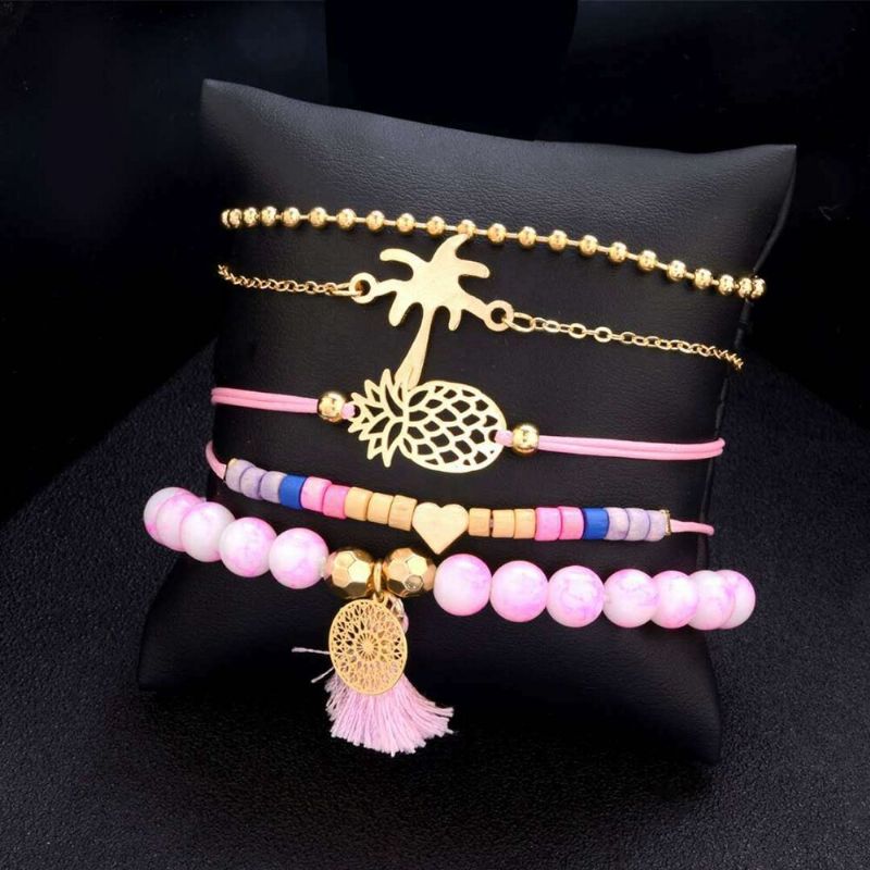 Bohemian Chain Gull Armbånd Sett 5 Stk Ananas Voks Tau Dusk Perlearmbånd For Kvinner