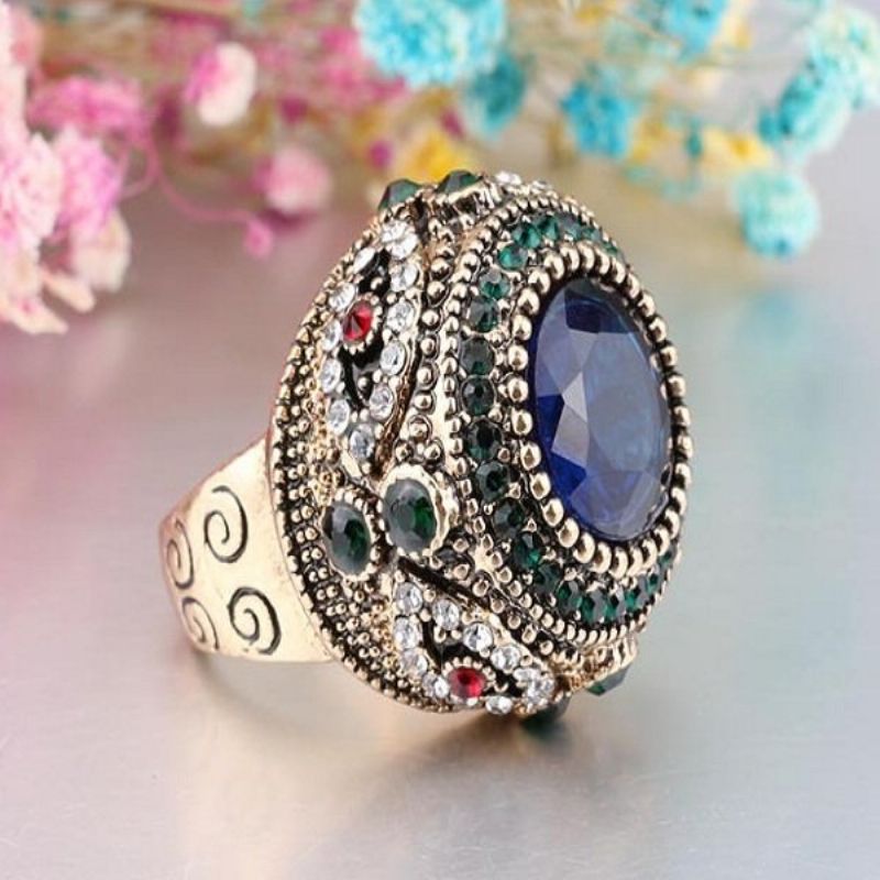 Bohemian Fingerringer Blå Rhinestone Gullbelagte Runde Geometriske Ringer Etniske Smykker For Kvinner