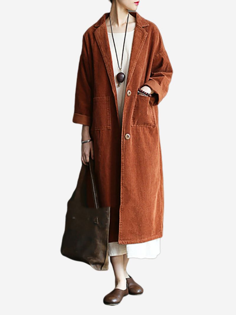 Lapel Solid Color Langermet Corduroy Vintage Long Coat