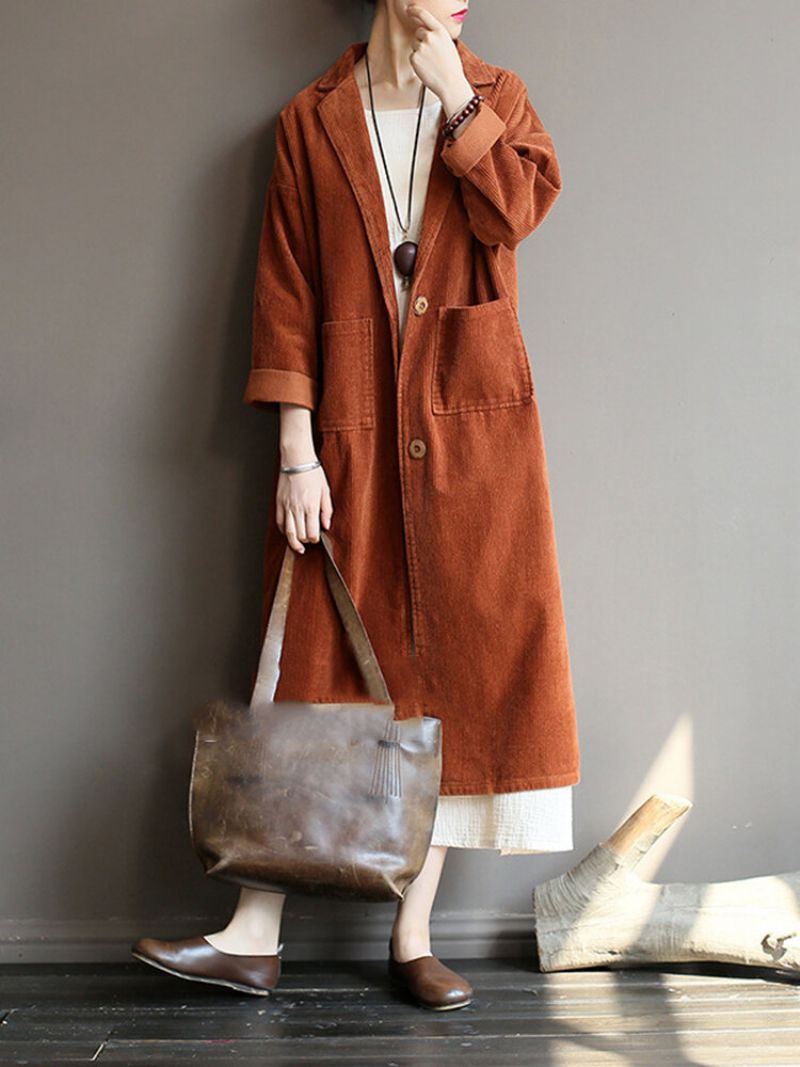 Lapel Solid Color Langermet Corduroy Vintage Long Coat