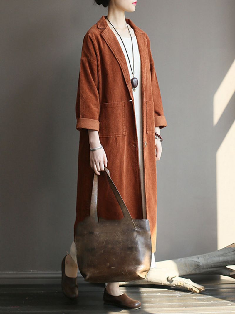 Lapel Solid Color Langermet Corduroy Vintage Long Coat