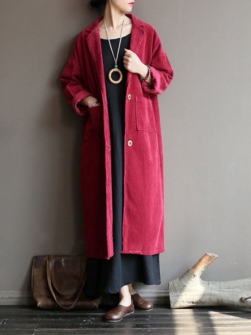 Lapel Solid Color Langermet Corduroy Vintage Long Coat