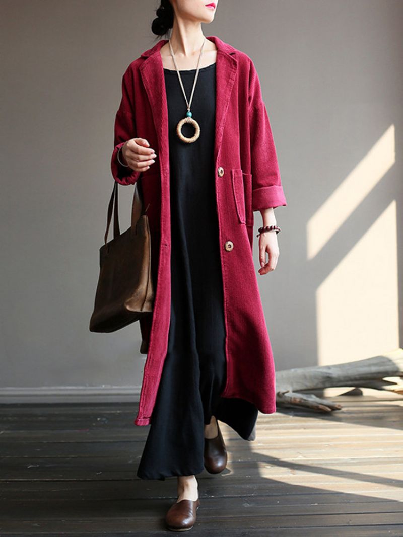 Lapel Solid Color Langermet Corduroy Vintage Long Coat