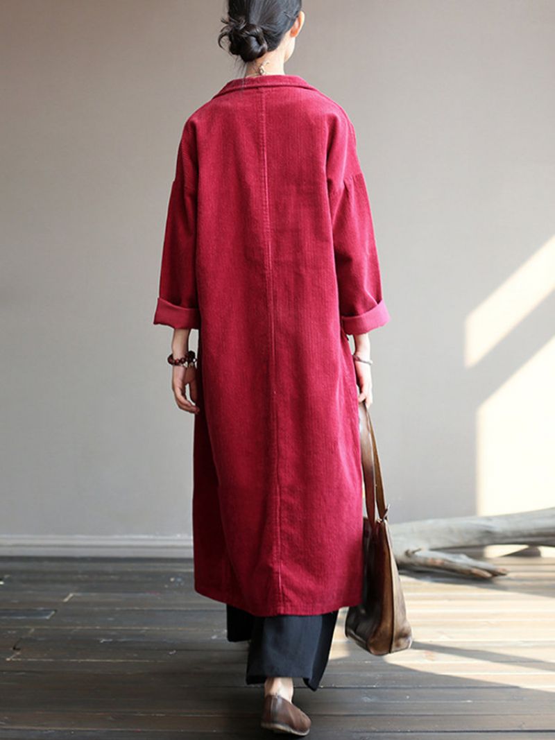 Lapel Solid Color Langermet Corduroy Vintage Long Coat