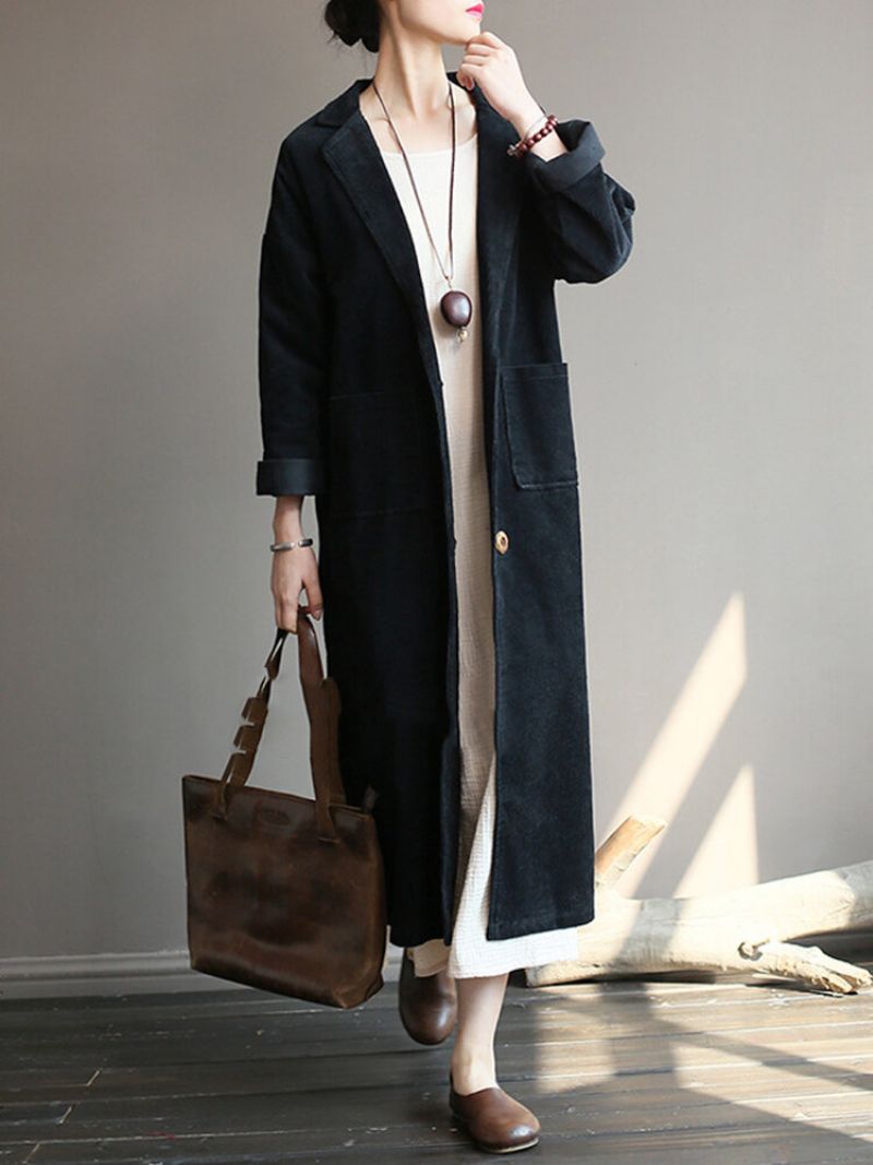 Lapel Solid Color Langermet Corduroy Vintage Long Coat