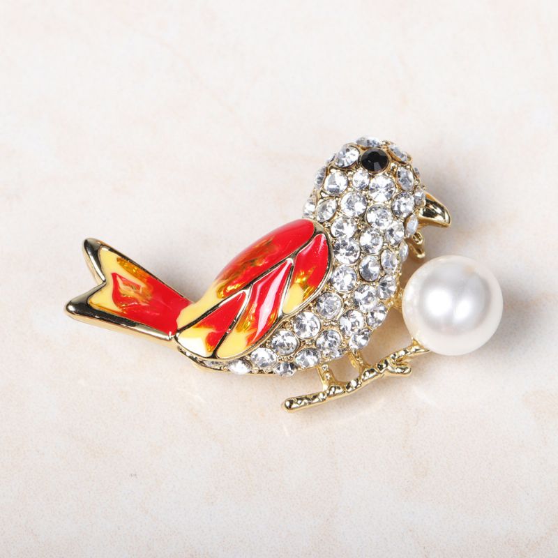 Mote 18 K Gull Fargerike Fugl Brosjer Rhinestones Pearl Luksus Pins Gave For Kvinner