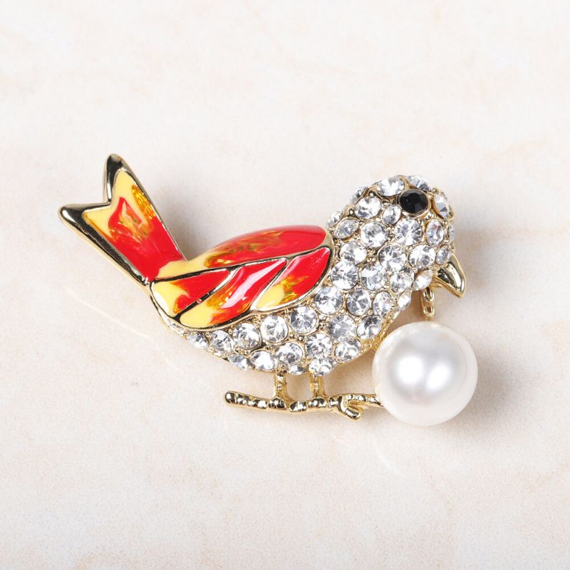 Mote 18 K Gull Fargerike Fugl Brosjer Rhinestones Pearl Luksus Pins Gave For Kvinner