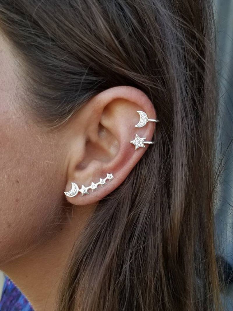 Mote 3 Stk Øredobber Sølv Gull Øreklips Moon Star Ear Stud Rhinestones For Kvinner