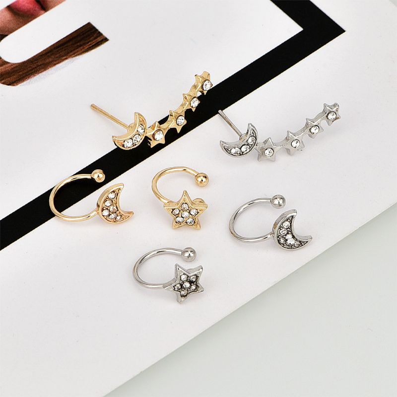 Mote 3 Stk Øredobber Sølv Gull Øreklips Moon Star Ear Stud Rhinestones For Kvinner