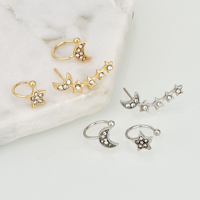 Mote 3 Stk Øredobber Sølv Gull Øreklips Moon Star Ear Stud Rhinestones For Kvinner