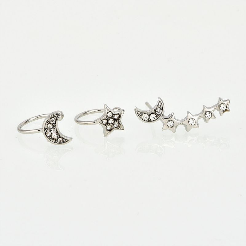 Mote 3 Stk Øredobber Sølv Gull Øreklips Moon Star Ear Stud Rhinestones For Kvinner